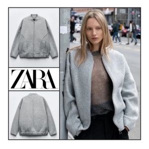 New ZARA OVERSIZED BOUCLE BOMBER LIGHT GRAY